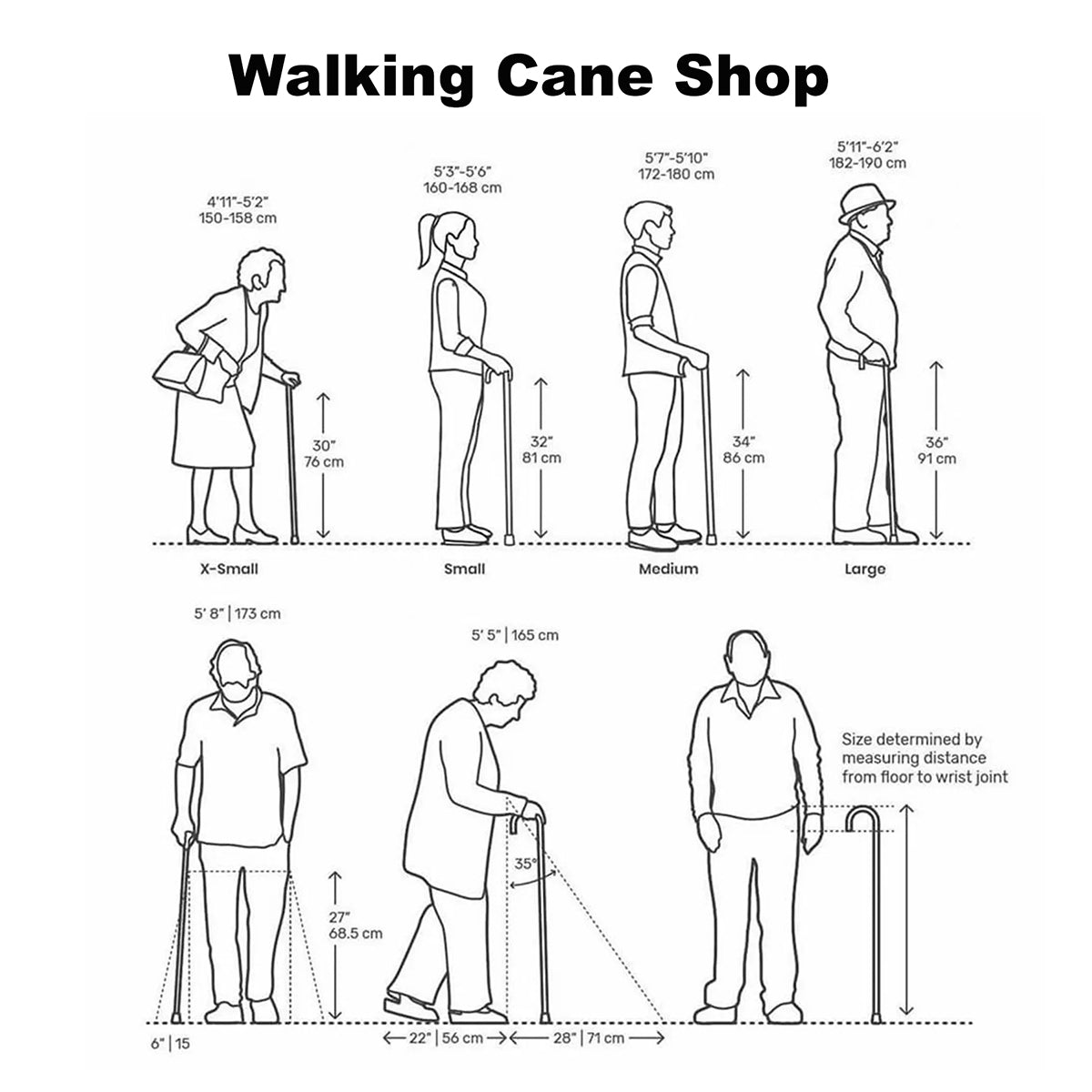 Walking cane size chart – detailed measurements guide for acrylic walking stick selection