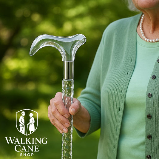 Elderly woman holding transparent acrylic walking cane – lightweight walking stick for senior ladies