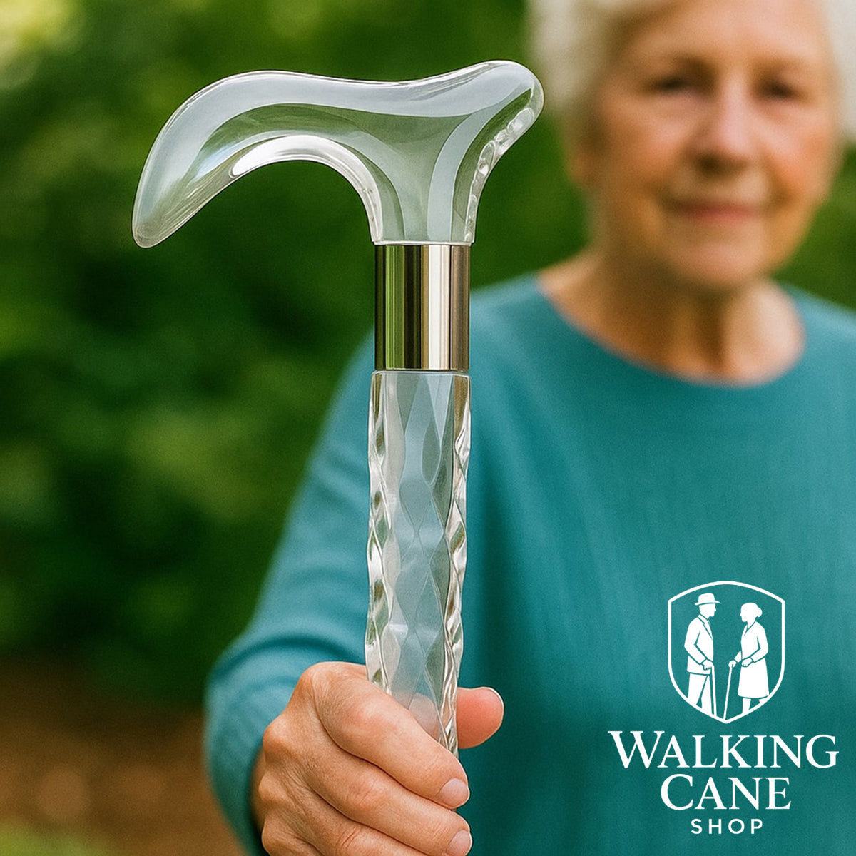 Elderly woman holding transparent acrylic walking cane – lightweight walking stick for senior ladies