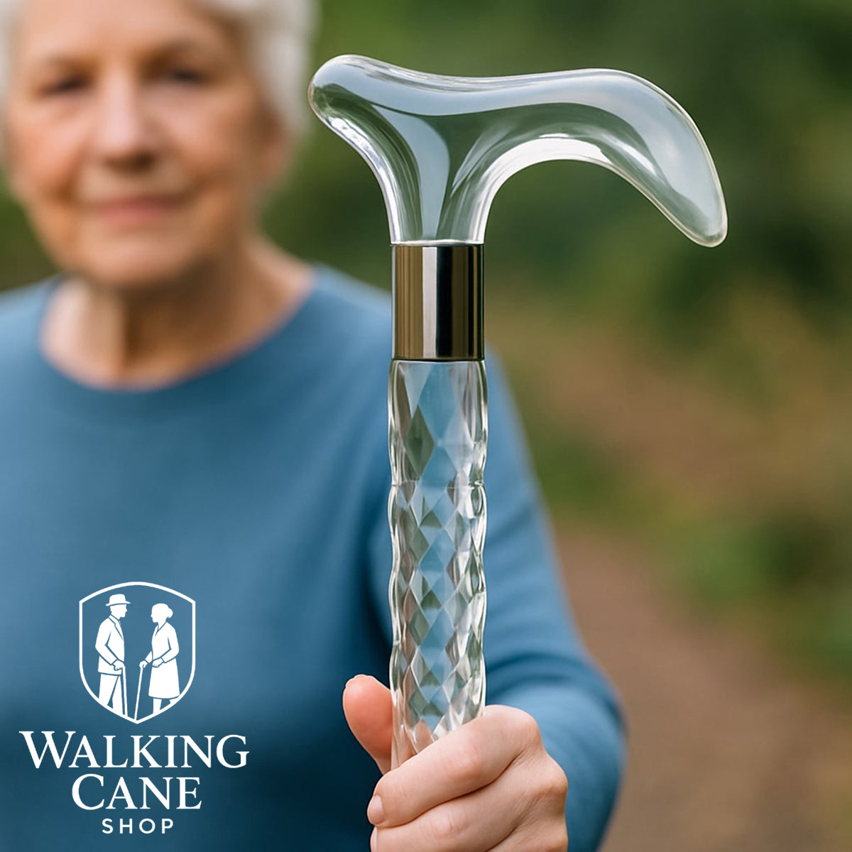Senior lady using acrylic walking cane – stylish and supportive walking stick for women