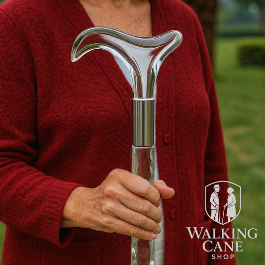 women holding a clear walking cane when she is walking in garden