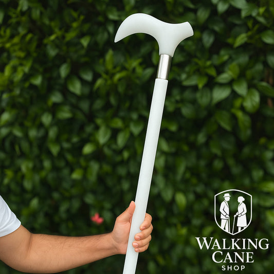 Man holding white acrylic walking cane – premium walking stick for gentlemen and ladies
