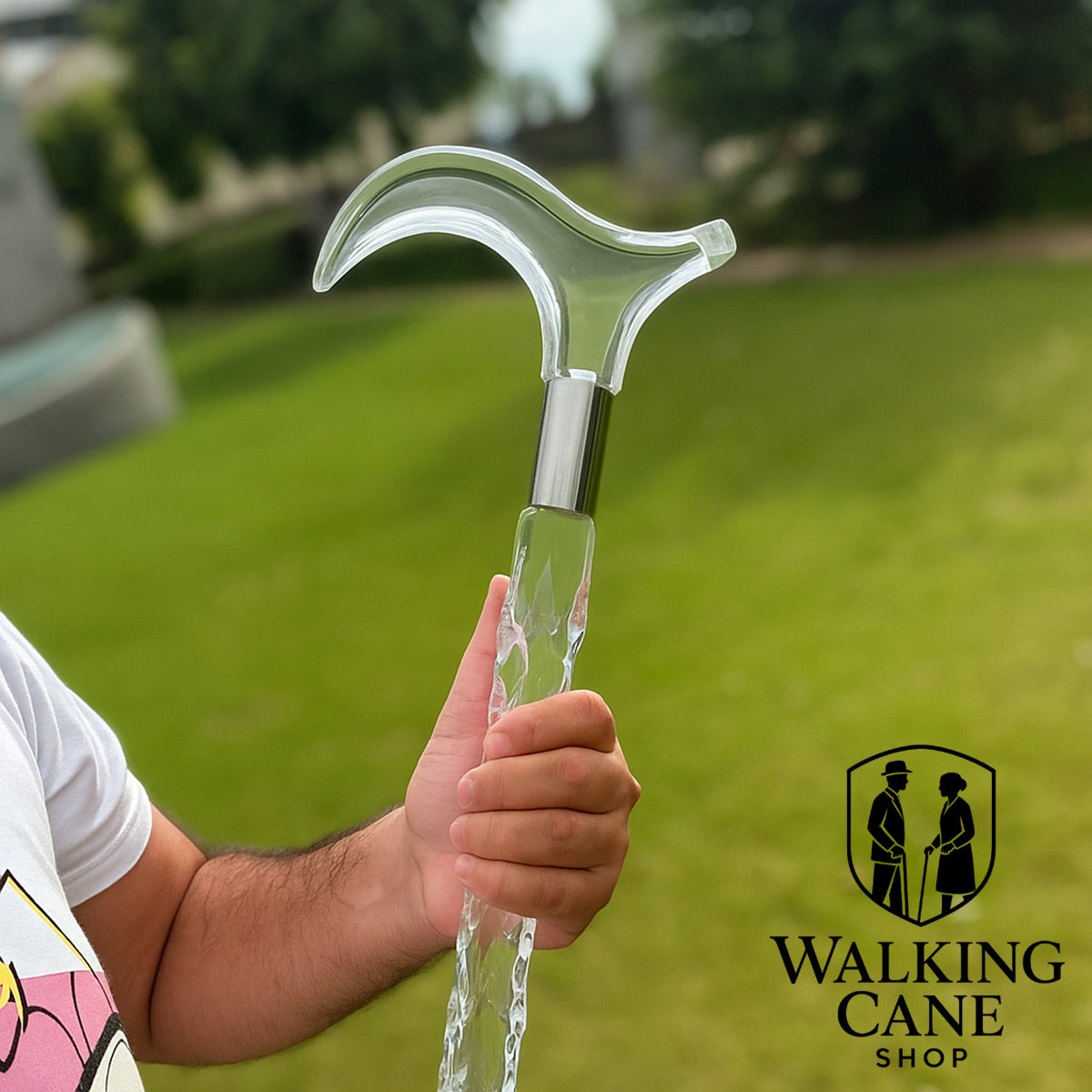 Man using clear acrylic walking cane – modern lightweight walking stick for gentlemen