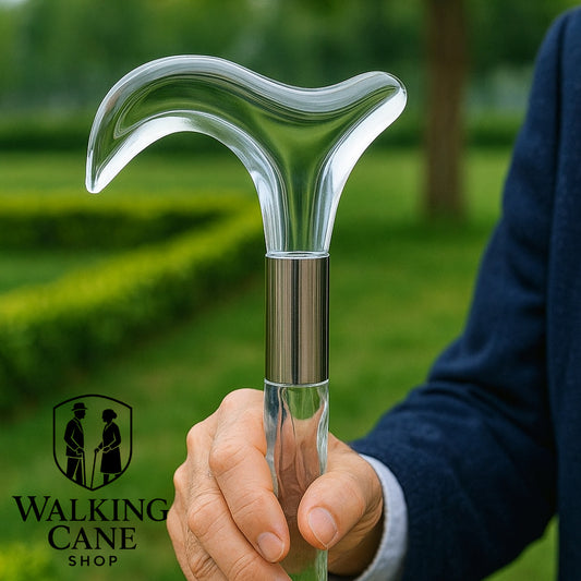 Hand holding a clear walking cane with green outdoor garden walking