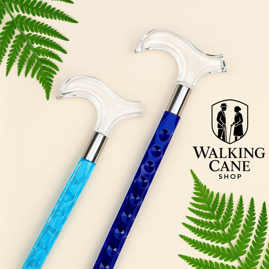 Two walking canes with blue and sea blue transparent handles