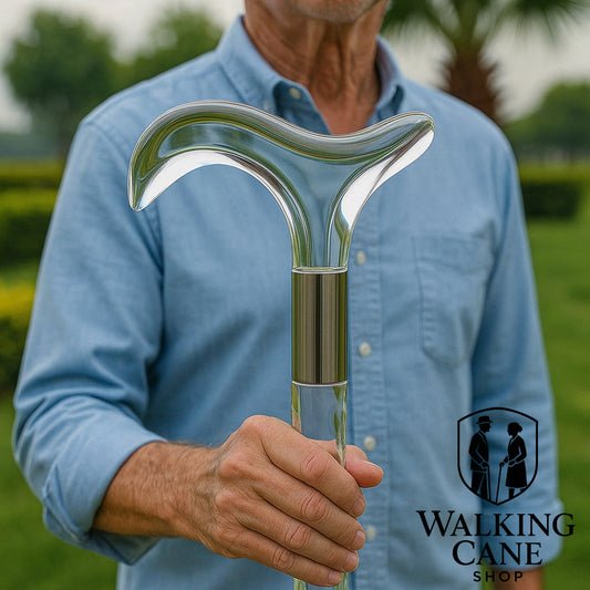 Man holding a transparent cleat walking cane in outdoor walking