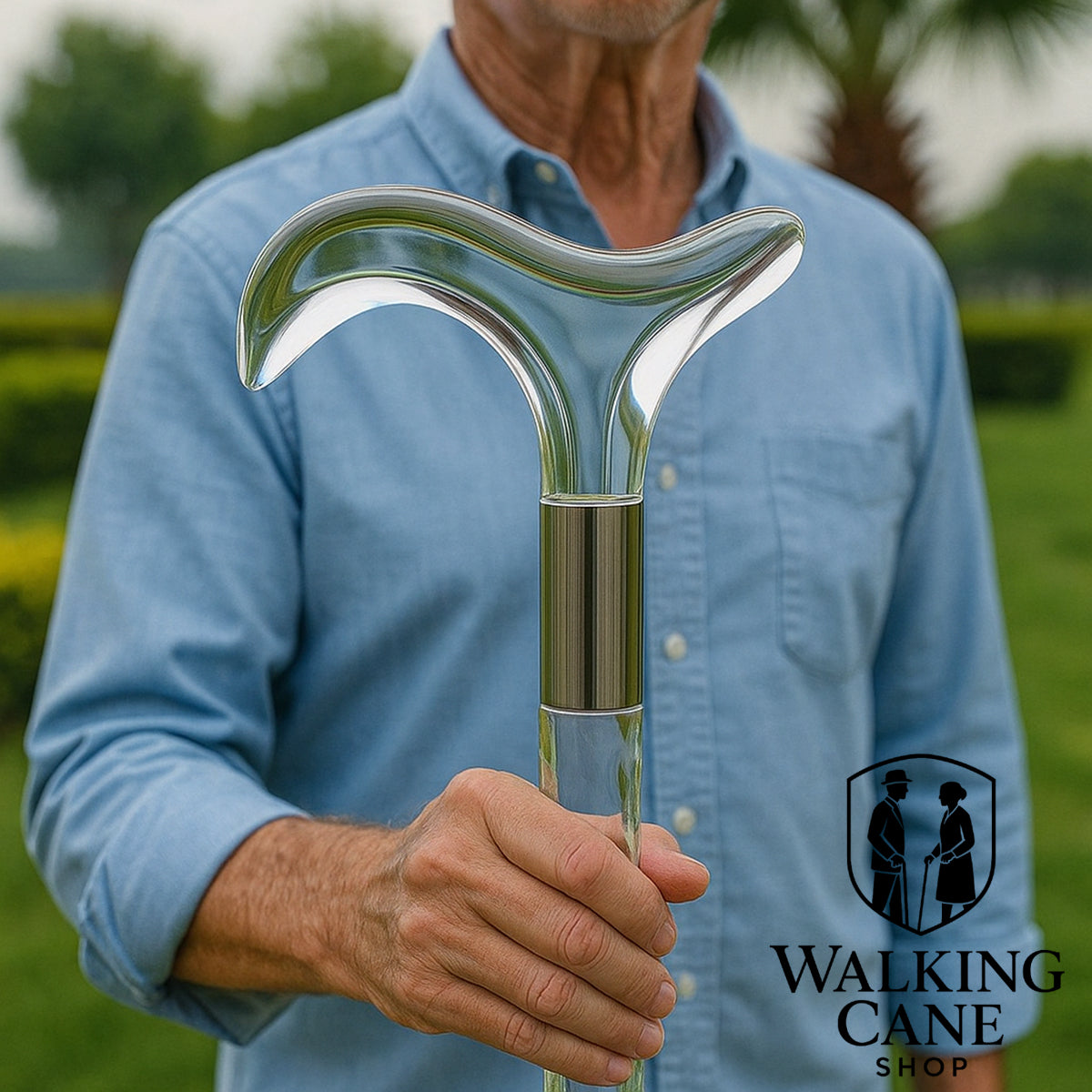 Man holding a transparent cleat walking cane in outdoor walking