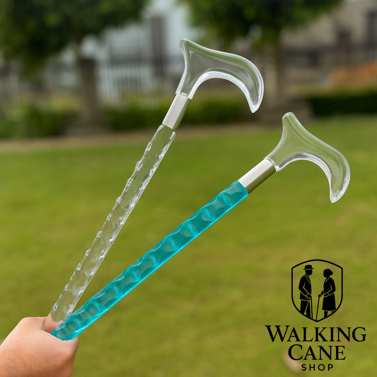 Stylish acrylic walking canes in sea blue and clear transparent – luxury mobility aids