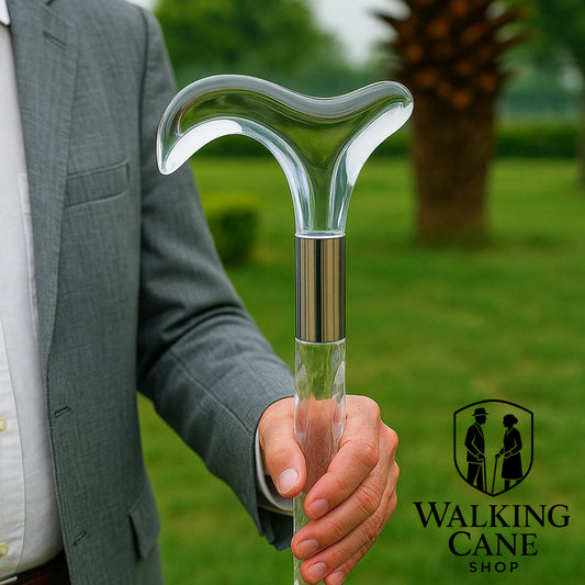 Person holding a clear walking cane with a clear handle in outdoor walking