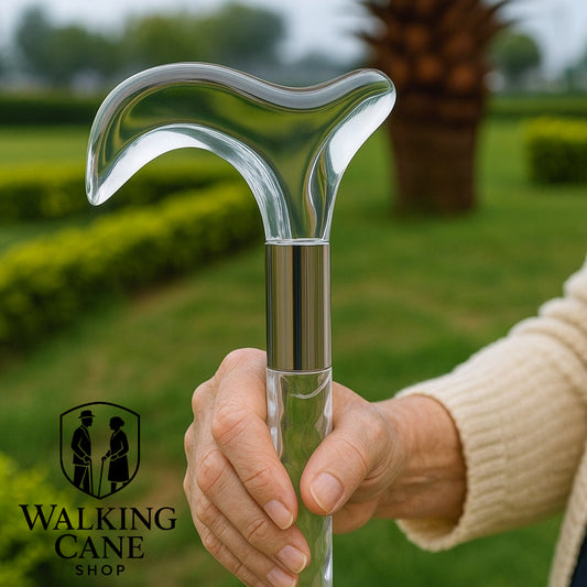 old lady Hand holding a transparent clear  walking cane in outdoor walking in garden