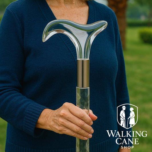 women holding a walking cane with decorative handle, in outdoor walking in garden