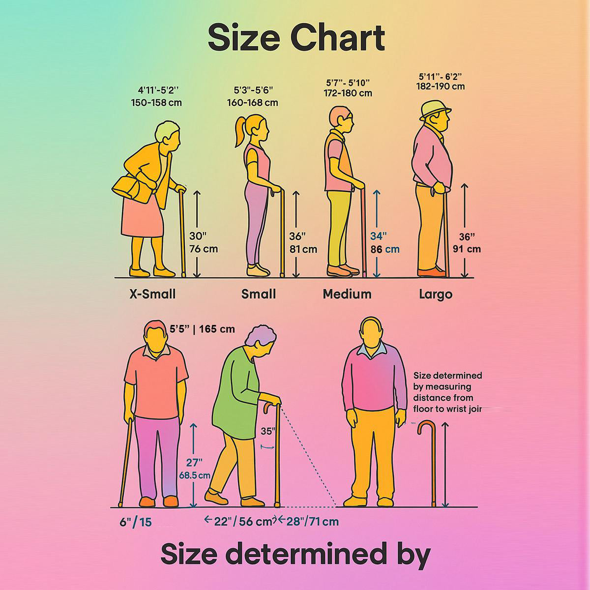 Size chart for walking canes and walking sticks