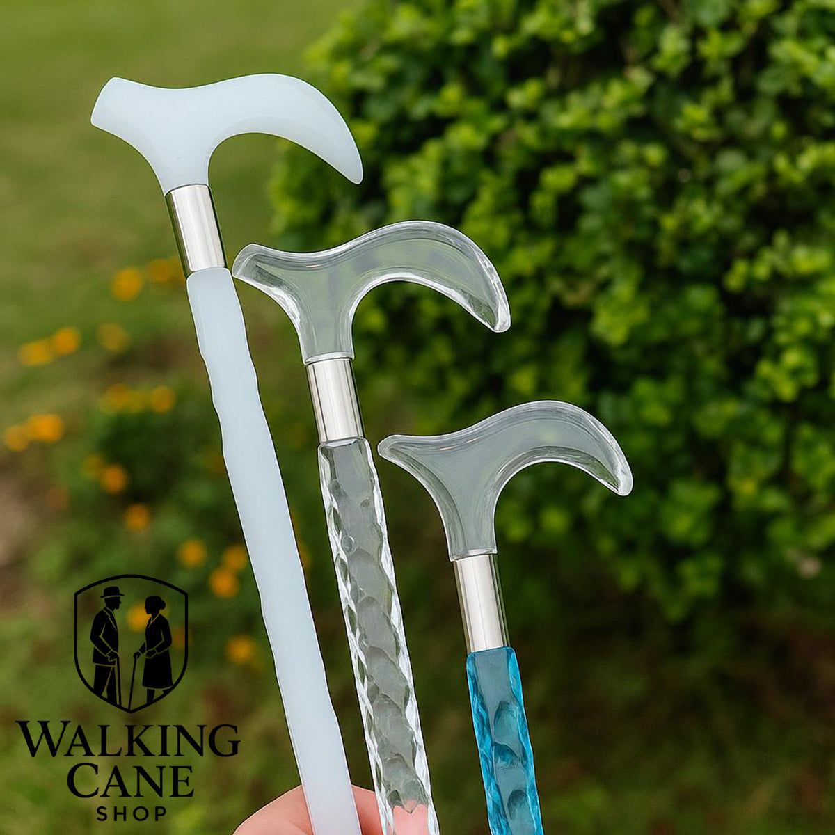 Set of three walking canes in white, sea blue, and transparent – elegant acrylic walking sticks collection
