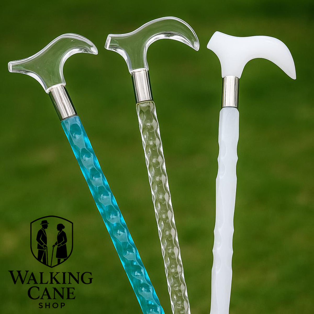Luxury acrylic walking canes in multiple colors – white, sea blue, and clear transparent design