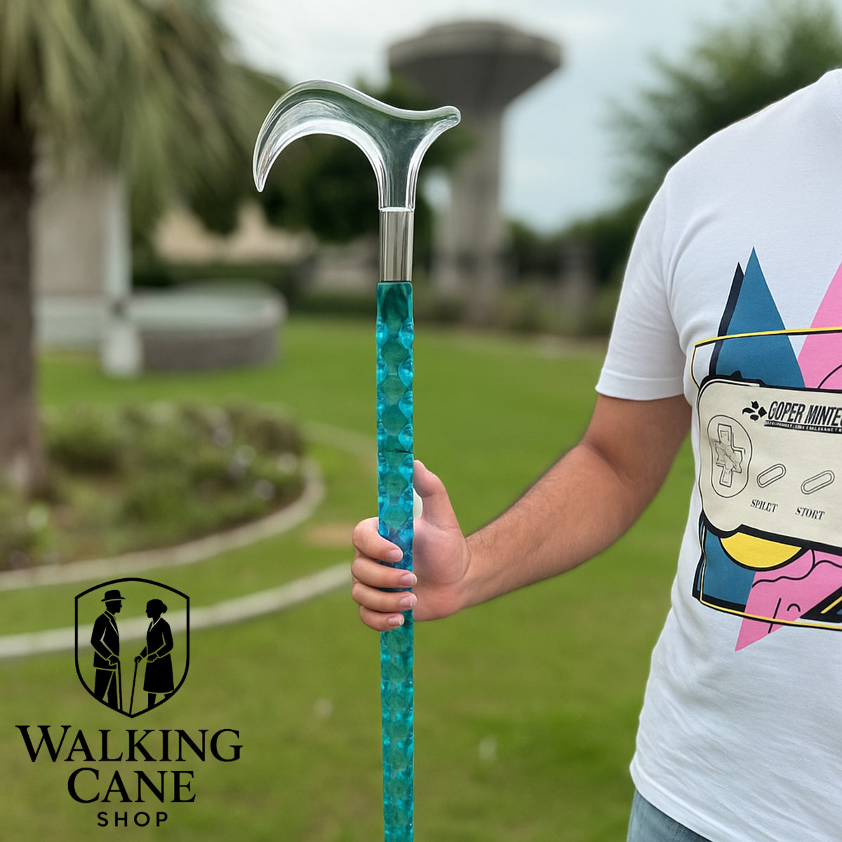 Gentleman holding sea blue acrylic walking cane – modern walking stick for daily use