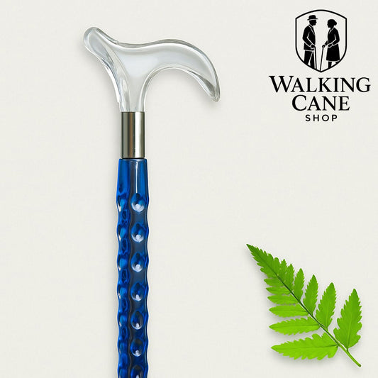 Blue walking cane with clear transparent handle
