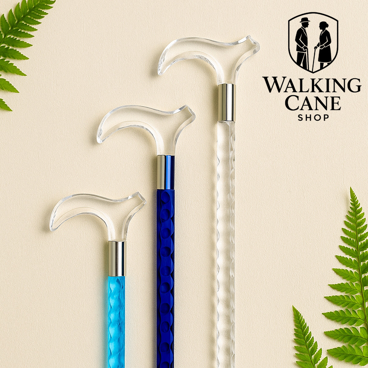 Three walking canes with blue, sea blue and transparent designs