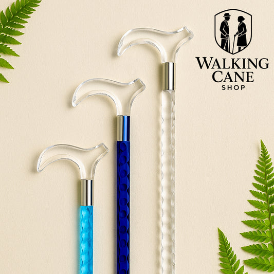 Three walking canes with blue, sea blue and transparent designs