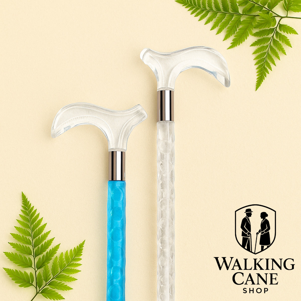 Two walking canes with blue shaft and clear handles
