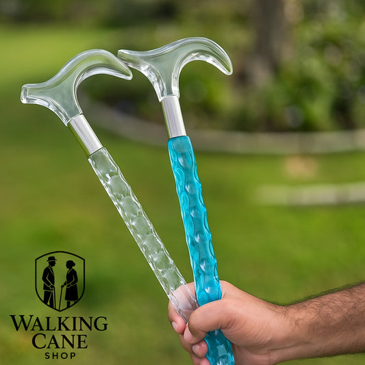 Sea blue and transparent walking canes together – elegant acrylic walking sticks for men and women