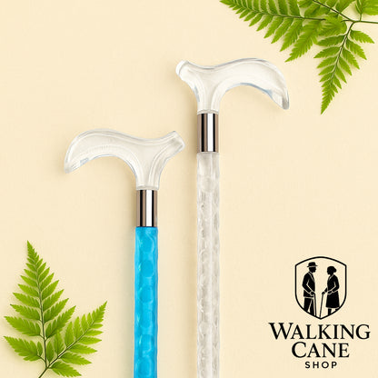 Two walking canes with blue shaft and clear handles